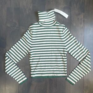 Zara Green and White Striped Turtleneck Cropped Sweater Size Large NWT